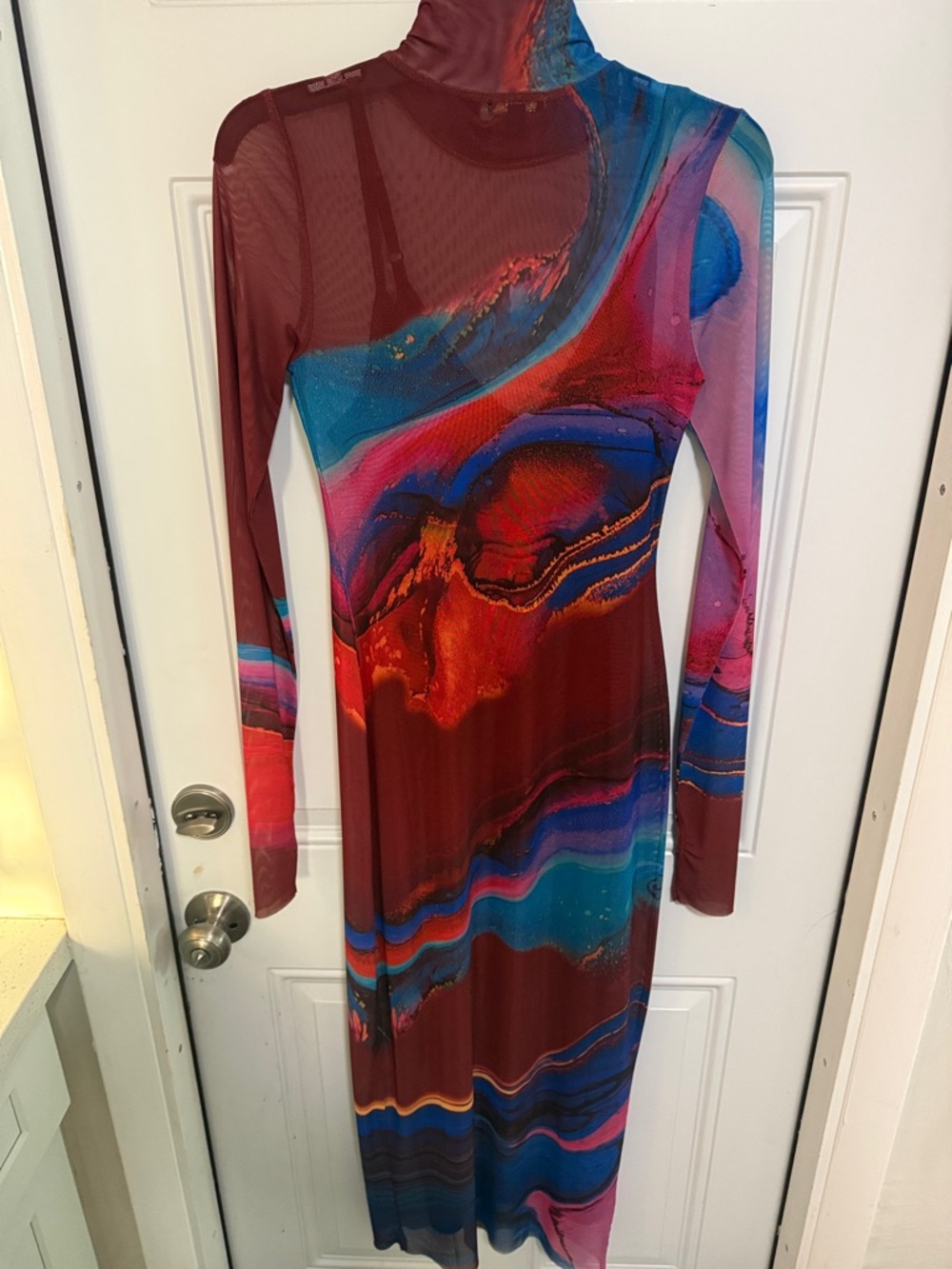 AFRM Long Sleeve Turtleneck Dress in Burgundy and Blue Marble Print - Picture 5 of 7